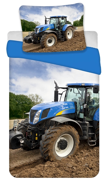 Billede af Traktor sengetøj - 140x200 cm - sengesæt med blå traktor - 100% bomuld hos Shopdyner.dk